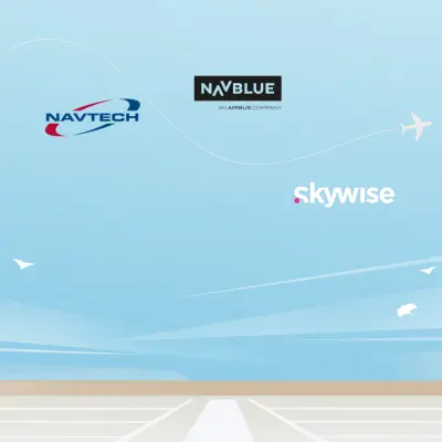 NavTech to NAVBLUE to Skywise logos on sky background